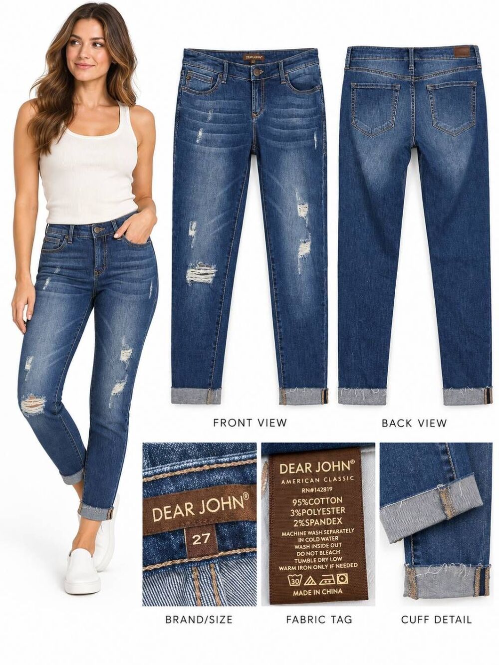 Dear John Size 27 Distressed Skinny Jeans Cuffed Stretch